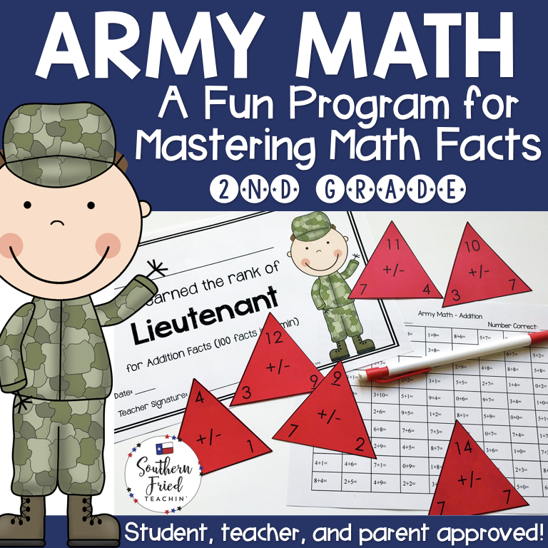Motivate your students to master their math facts with Army Math! This program will have them increase their math fact fluency and automaticity in addition, subtraction, and mixed addition & subtraction facts. They will LOVE moving up the Army ranks!