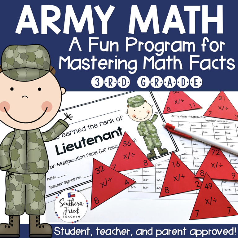 Motivate your students to master their math facts with Army Math! This program will have them increase their math fact fluency and automaticity in addition, subtraction, multiplication, division, and mixed facts. They will LOVE moving up the Army ranks!
