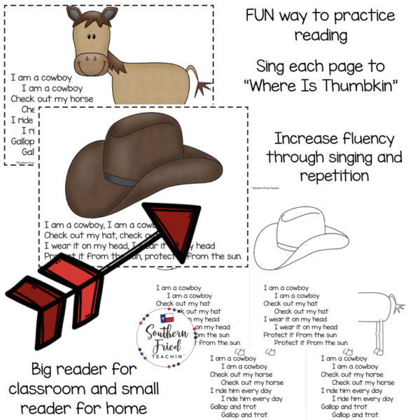 This Cowboy Early Reader is super unique to other readers...you not only read each page, you sing it to "Where Is Thumbkin?". Students love them! Also a FUN way to practice reading, increase fluency through singing and repetition, and improve vocabulary.
