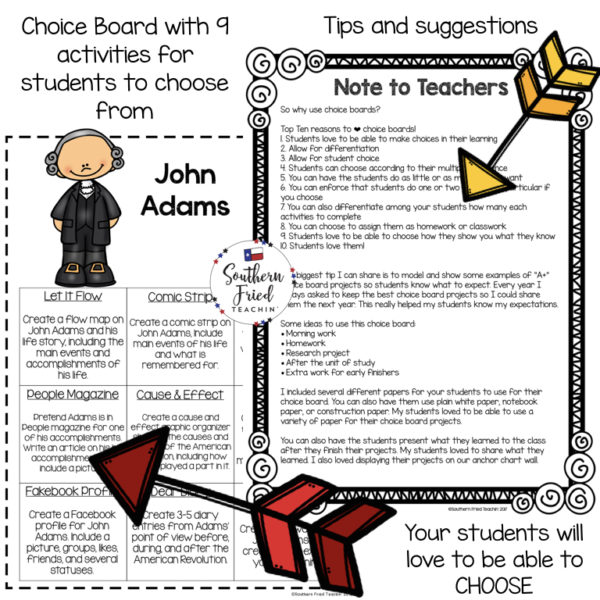 Make learning about presidents FUN! This choice board on John Adams brings student choice, creativity, and differentiation to your classroom, and your students will love it!