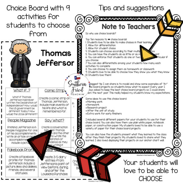 Make learning about presidents FUN! This choice board on Thomas Jefferson brings student choice, creativity, and differentiation to your classroom, and your students will love it!