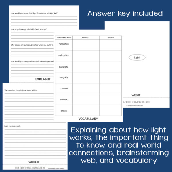 This engaging Light Interactive Flip Book is an organized student resource that is load with critical thinking stems and questions which makes students really think. It can be used as a stand alone resource or for interactive notebooks. It can be used for so many things...note taking as a class, review, or even assessments. It is also great as a study tool for class and state assessments.