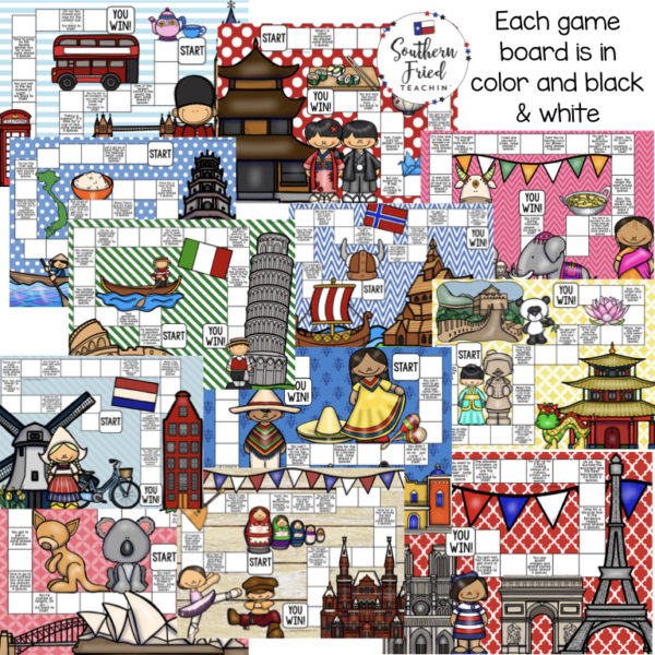 These fun NO PREP game boards are perfect to use with task cards, review games, and even worksheets! They can make any activity fun and engaging! These game boards all have the theme of traveling in different countries throughout the world.